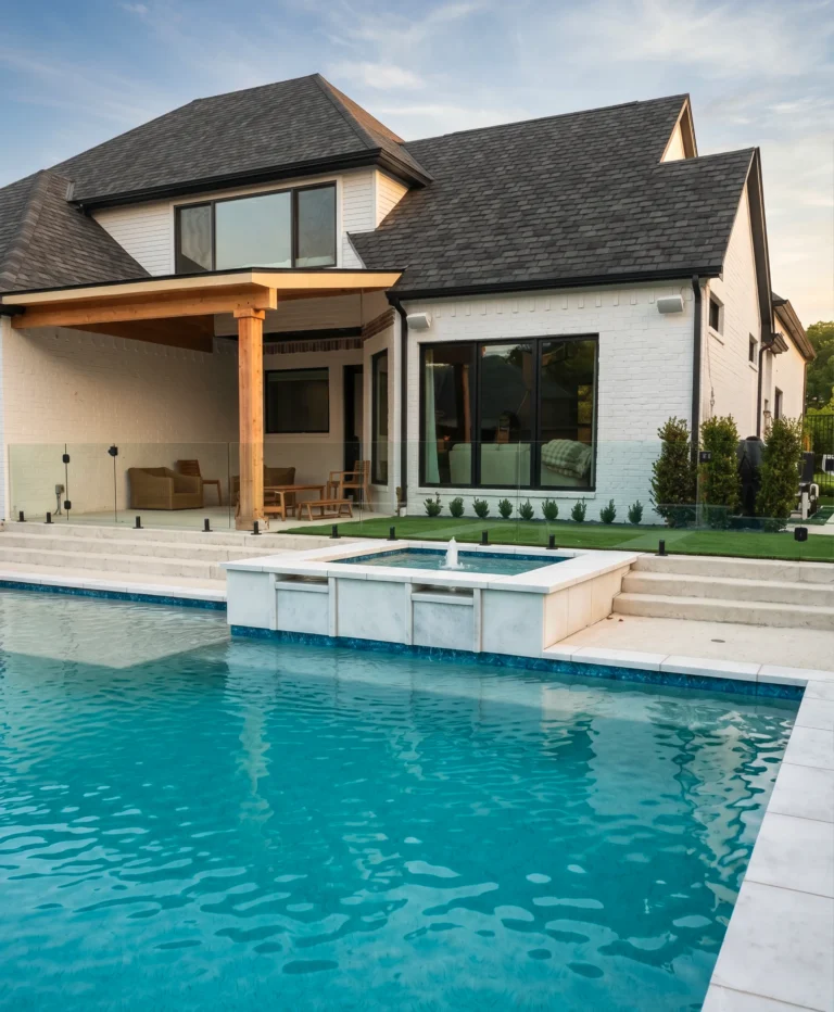 10:10 AMClaude responded: Frameless glass pool fence surrounding a backyard pool and spa with a fountain feature, beside a white brick modern farmhouse with a covered patio in the Dalla…Frameless glass pool fence surrounding a backyard pool and spa with a fountain feature, beside a white brick modern farmhouse with a covered patio in the Dallas-Fort Worth area.